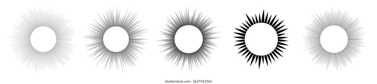 Fünf Sonnensymbole. Schwarze Sonnenstrahlen auf weißem Hintergrund. Vektorgrafik