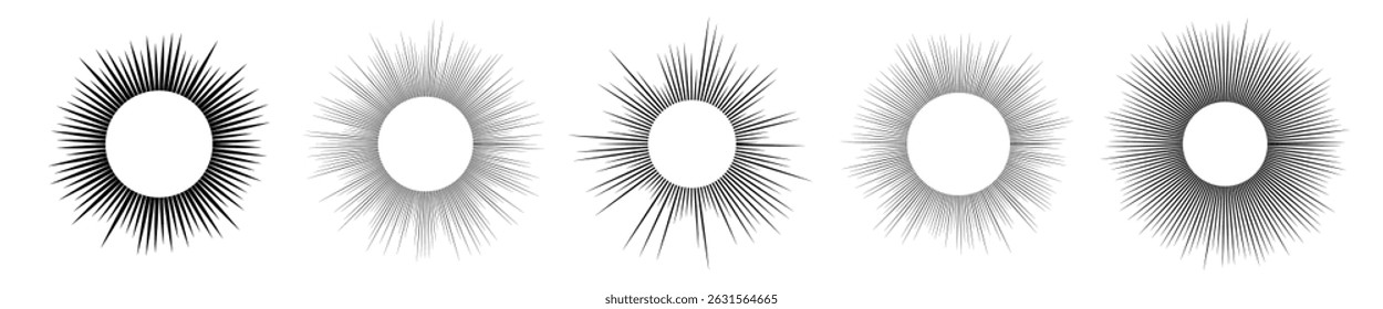 Set of five sun symbols. Black sun rays on white background. Vector illustration