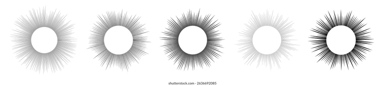 Set of five sun symbols. Black sun rays on white background. Vector illustration