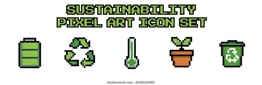 A set of five sustainability-themed pixel art icons including recycle symbol, green battery, potted plant, recycling bin, and green thermometer. Great for eco and nature projects.