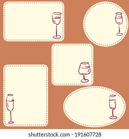 set of five tags with hand drawn wine glasses, with empty space for your text here, isolated design objects