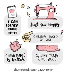 Set of five tags with motivational phrases and tools for sewing. Hand-drawing lettering with the image the fabric of the sewing machine measuring tape