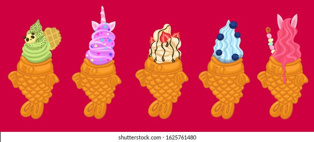 Set of five taiyaki ice cream. Vector graphics.