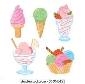Set of five tasty delicious ice-creams and sundaes