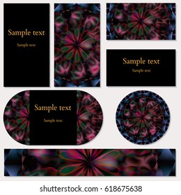 Set of five template cards with bright floral mandala pattern for business, invitations and other design and printed needs. Vector illustration editable with sample text