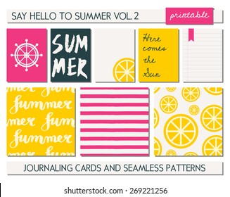 A set of five templates for greeting/journaling cards and three seamless patterns for the summer season. Sunny yellow, pink, black and white color palette. Cards are scalable to a standard 3x4 size.