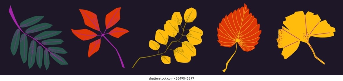 Conjunto de cinco hojas de otoño texturizadas sobre fondo oscuro. Colorida Ilustración vectorial plana con follaje de otoño. Ideal para estampados de temporada, embalaje, tarjetas, pegatinas y decoración