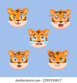 A set of five tiger faces with different emotions