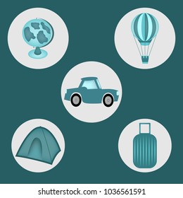 Set of five travel items as camp, car, globe, ball and a suitcase at the dark blue background 
