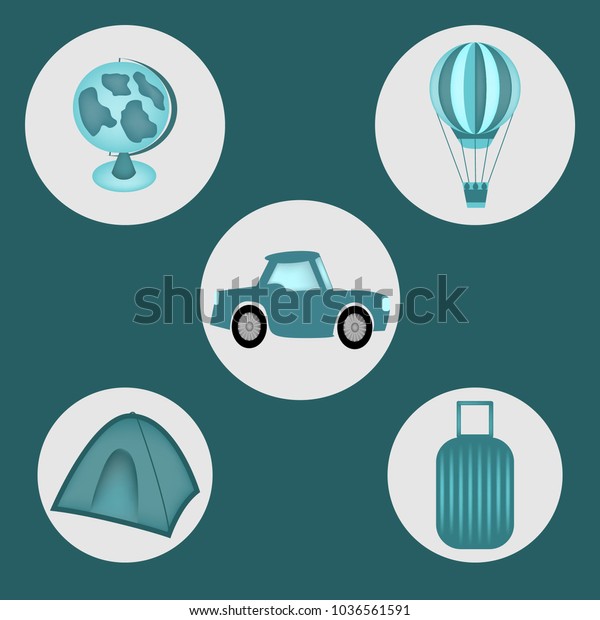 Set of five travel items as\
camp, car, globe, ball and a suitcase at the dark blue background\
