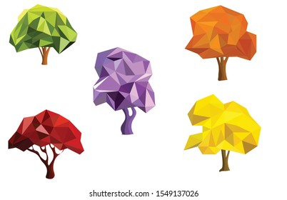 set five trees low poly icons,beautiful color leaf with summer and spring season concept.vector art ,illustration.