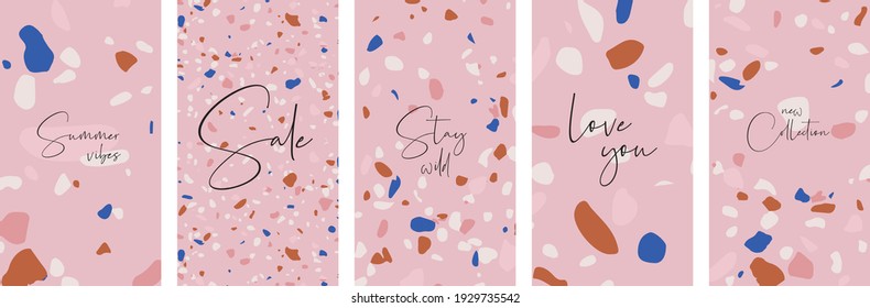 A set of five trendy stories templates with abstract Terrazzo pattern. Trendy contemporary collage style flyer, card, brochure, social media post design.