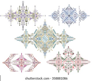 Set of five Tribal art boho hand drawn geometric pattern. Colorful ethnic print. Fabric, cloth design, wallpaper, wrapping