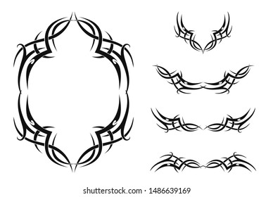 Set of five tribal tattoos (with frame and borders). Isolated black vector illustration on white background