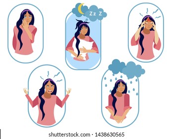 Set, five types of bad female mood. Cartoon vector illustration flat