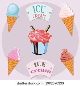 Set of five types of delicious ice cream with logo