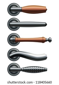 Set of five types of realistic metal door handles. Eps10