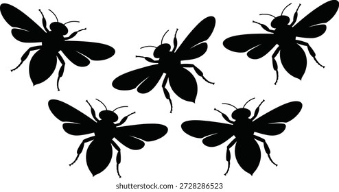 A set of five uniform black silhouettes depicting bees or wasps with wings, presented against a stark white backdrop in varied orientations.