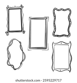 A set of five unique doodle style hand drawn black and white decorative frames