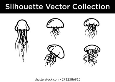 Satz von fünf einzigartigen Quallen Silhouette Vektorgrafiken, perfekt für marine Leben Illustrationen, Symbole oder grafische Elemente.