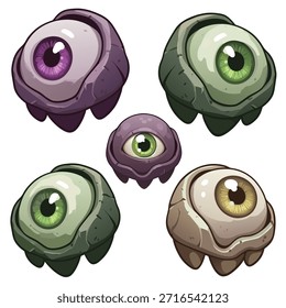 Un conjunto de cinco criaturas únicas y estilizadas del globo ocular, cada una con colores de ojos distintos y cuerpos rocosos y texturados, presentados sobre un fondo blanco.