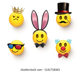 Set of five unusual emojis isolated on white background. Vector design elements.