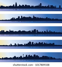 Set of five urban blue silhouettes, city, vector illustration.