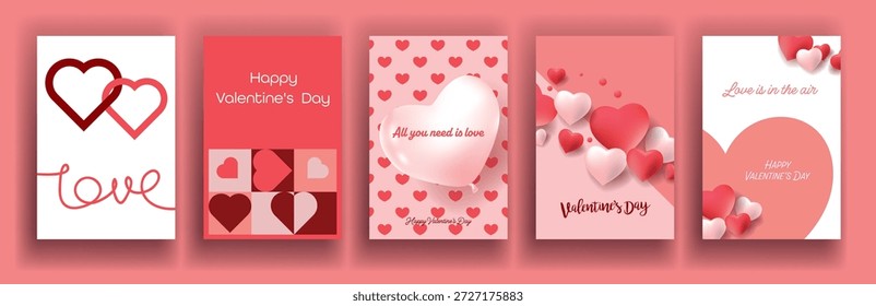 Conjunto de cinco tarjetas de felicitación de San Valentín y Anuncios de Vertical. Fondos románticos con corazones rojos, globos 3D y patrones geométricos para historias, invitaciones y carteles de redes sociales.