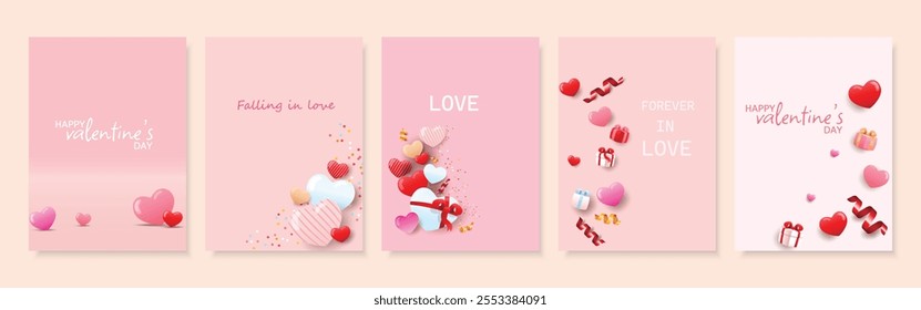 A set of five Valentine's Day cards featuring hearts, gifts, and romantic messages on pink backgrounds. Perfect for expressing love and affection.