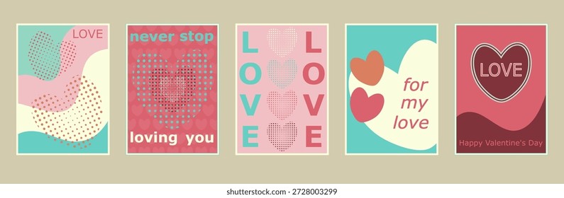 Ein Satz von fünf Valentinstag-Karten oder Plakaten in einem einfachen Retro-Stil und Farbschema mit Inschriften und Herzen. Perfekt für Grüße, Werbung, Verkäufe und mehr.
