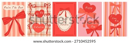 A set of five Valentine's Day cards with bows, hearts, and romantic messages. The concept of this Valentine's Day greeting card is love and celebration. Vector.