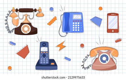 Set of five various phones. Stickers with smartphone, modern cell phone, home phone with buttons and wheel and vintage retro device. Cartoon flat vector collection isolated on checkered background