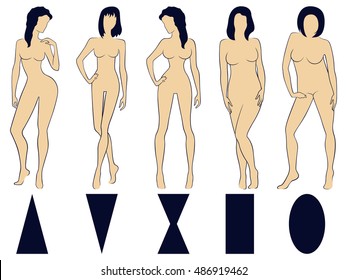 Set of five various types of female figures with conditional schematic geometric symbols below, hand drawing vector illustrations