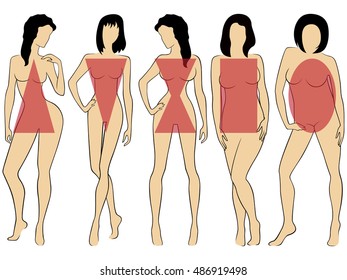 Set of five various types of women figures with conditional schematic geometric symbols on them, hand drawing vector illustrations