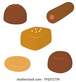 A set of five vector art soft candies, including a strawberry filled chocolate caramel roll, a truffle, a bonbon, a square of salted caramel, and a disc toffee.  Background is transparent in vector.