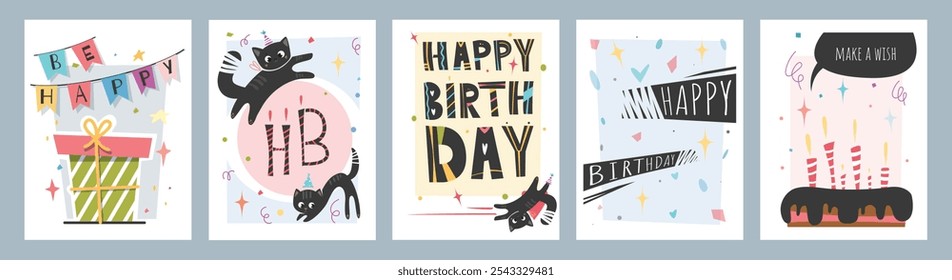 Set of five vector birthday illustrations featuring playful black cats, colorful gift boxes, confetti, and festive banners. Includes Be Happy, HB, and Happy Birthday designs with lively patterns