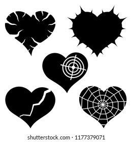 Set of five vector black hearts over white.