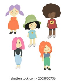 Un conjunto de cinco personajes de dibujos animados vectoriales femeninos