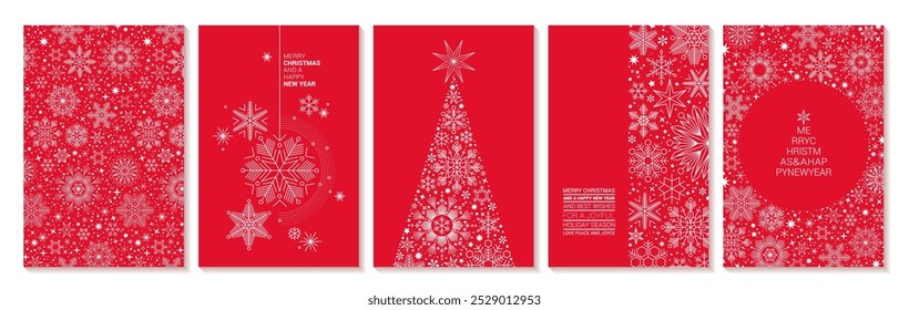 Conjunto de cinco Navidades de Vector Plantillas de tarjetas de felicitación. Decorado con texturas de copo de nieve blanco sobre fondo rojo.