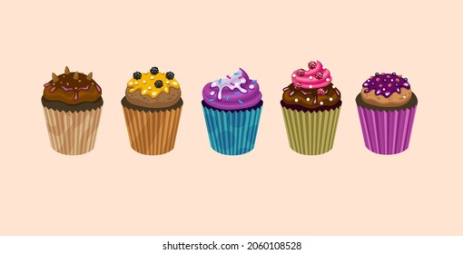 Set of five vector cupcakes with different toppings and colours isolated