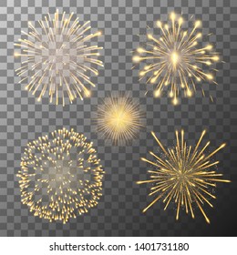 Set of five vector fireworks bursting in various shapes. Firework explosion in night. Firecracker rockets bursting in big sparkling star balls