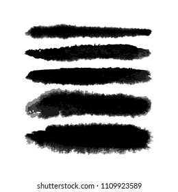 Set of five vector hand created watercolor fuzzy brushes with transparency gradations of one color. There are all of them on brushes panel.