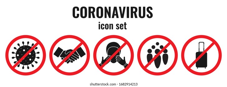 Set Of Five Vector Icons About Preventing The Spread Of Coronavirus Infection COVID-19 On Transparent. It Is Forbidden To Shake Hands, Touch Your Face With Your Hands, Gather In Public Places, Travel