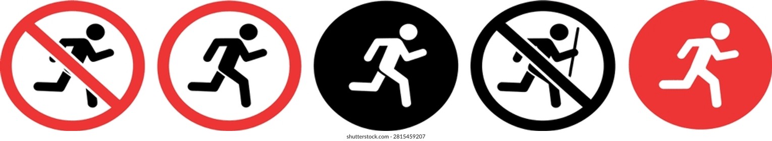 A set of five vector icons depicting a person running with and without prohibition symbols, used for indicating areas where running is disallowed.