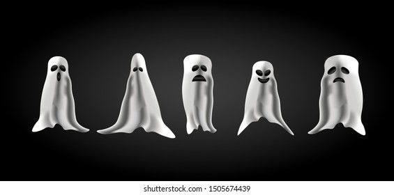 Set of five Vector illustration of white ghost Halloween spooky monster, Mystic creature without body