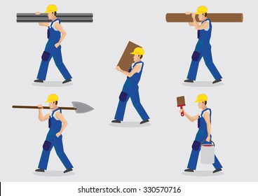 Set of five vector illustrations of cartoon construction worker character carrying tools and building materials on shoulders isolated on plain background.