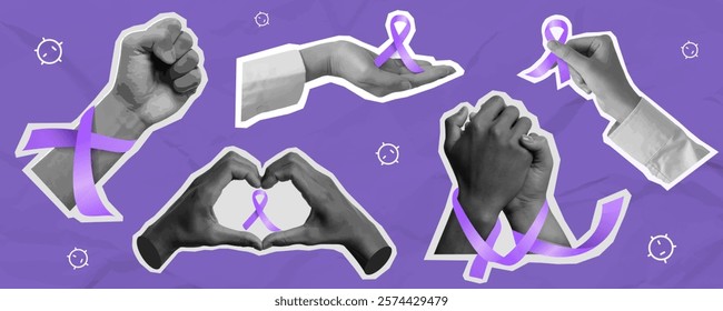 A set of five vector illustrations featuring diverse hands displaying purple ribbons, symbolizing support and awareness for World Cancer Day on February 4th.