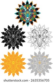 A set of five vector illustrations featuring a stylized goat head with majestic horns, designed in a geometric mandala style. Includes full color, black, white, gold, and silver variants. 