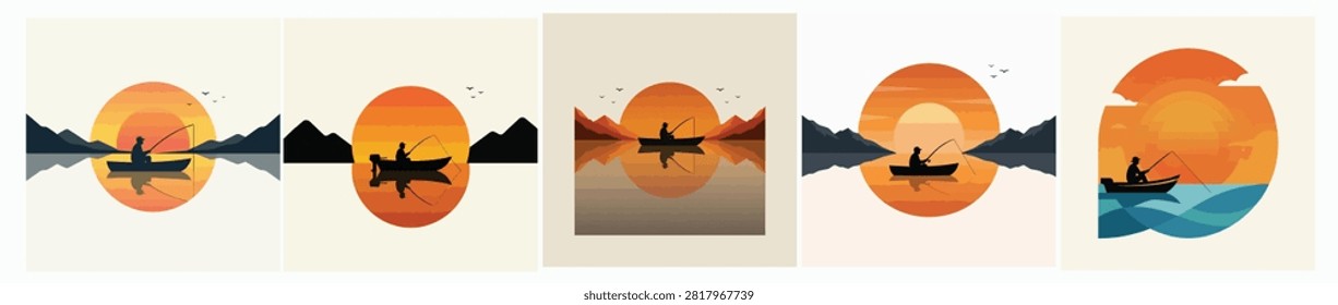 Set of five vector illustrations featuring serene fishing scenes at sunset with boats and water