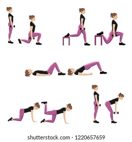 Set of five vector illustrations of glute exercises and workouts. Vector illustrations of lunges, hip thrusts, bulgarian split squats, quadruped hip extensions and deadlifts. With shadows.